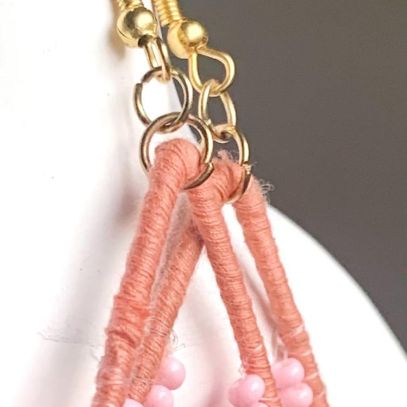 Artisanal Pink Seed Bead Thread Wrapped Teardrop Dangle Earrings Gold Accents - Picture 2 of 4